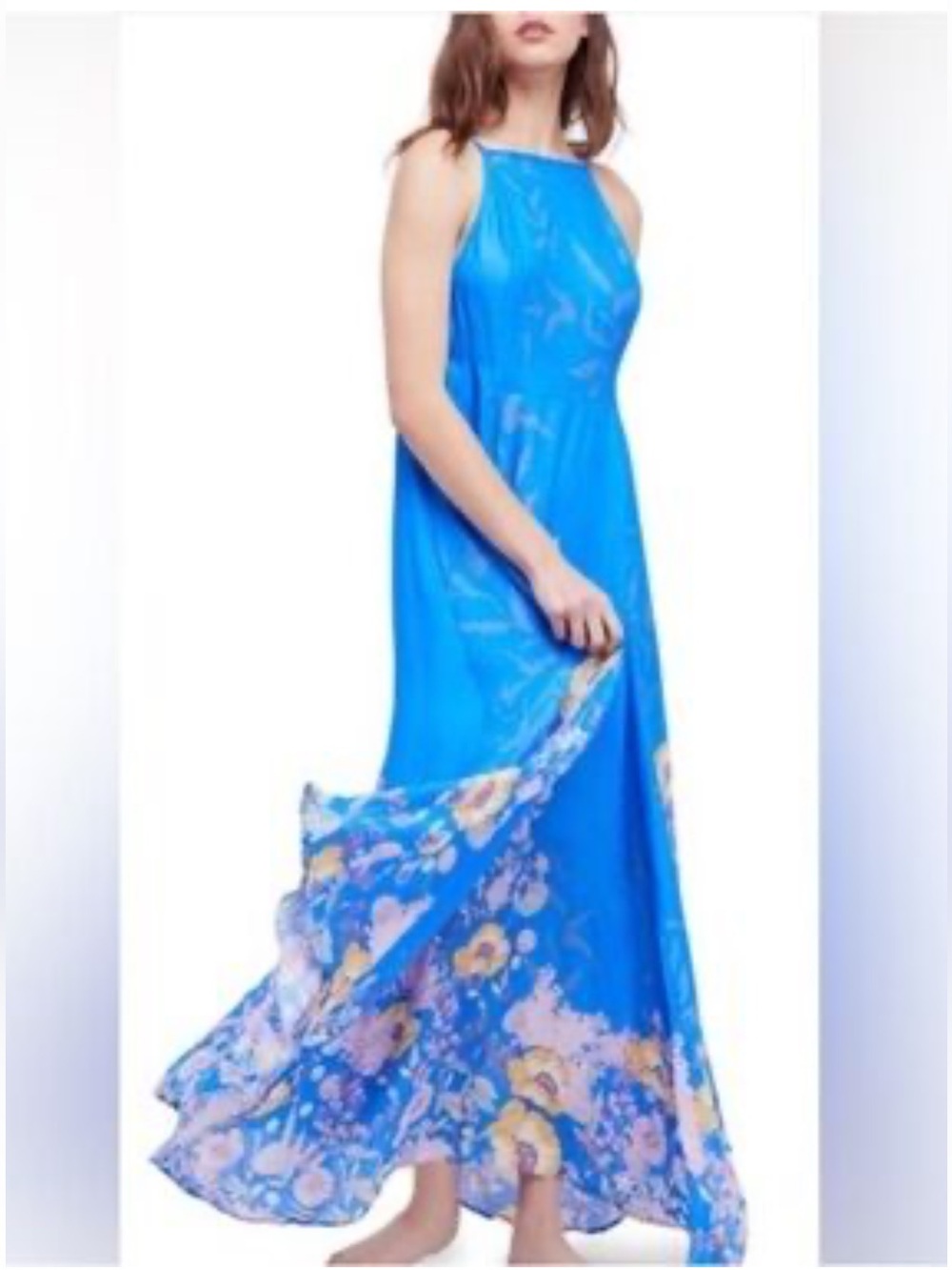 Free People Embrace It Bright Blue Floral Halter Maxi Dress